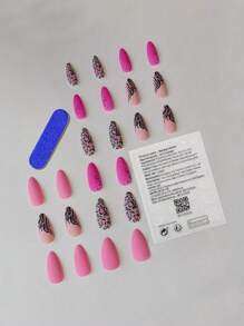24入組長款杏仁造型豹紋印花粉色和金屬亮絲假指甲套裝,適用於派對,跳舞和日常穿著 - 彩色 - 查看 2