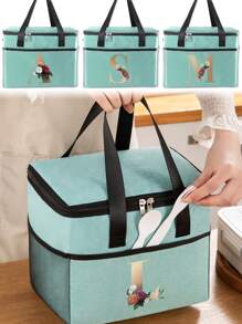Insulated Lunch Box Bag Cooler Box Canvas Thermal LunchBox Large Capacity Tote Bag Initial Name A To Z Gold Letter Flower Printing For Women's Work Food Storage Bags Portable Waterproof Handbags For Office School Picnic Camping Travel School Organizer Bags Teacher Storage Bags Classroom Bags Classroom Organizer BagsLunch BagWomanFor Women LadiesSchool Supplies Stuff Accessories - Green - View 1