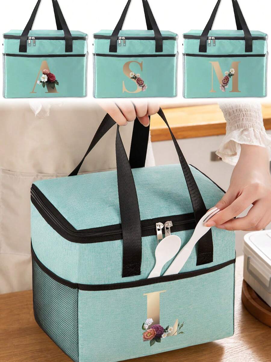 Insulated Lunch Box Bag Cooler Box Canvas Thermal LunchBox Large Capacity Tote Bag Initial Name A To Z Gold Letter Flower Printing For Women's Work Food Storage Bags Portable Waterproof Handbags For Office School Picnic Camping Travel School Organizer Bags Teacher Storage Bags Classroom Bags Classroom Organizer BagsLunch BagWomanFor Women LadiesSchool Supplies Stuff Accessories - Green - View 1