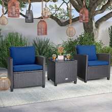 Gymax 3PCS Outdoor Patio Rattan Conversation Set W/ Beige & Navy Cushion