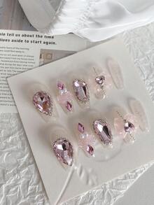 10 件/套长 T 形手工假指甲，浅粉色，浪漫精致风格，水晶和宝石装饰 3D 花卉蝴蝶结美甲，非常适合节日、派对和日常佩戴 - 淺粉色 - 查看 3