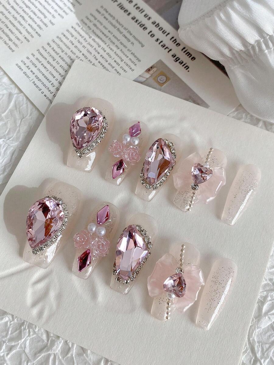 10 件/套长 T 形手工假指甲，浅粉色，浪漫精致风格，水晶和宝石装饰 3D 花卉蝴蝶结美甲，非常适合节日、派对和日常佩戴 - 淺粉色 - 查看 1