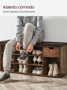 VASAGLE Banco Zapatero, Zapatero con Asiento y Cojín, Banco para Zapatos con Estante, Asiento Acolchado, para Entrada Pasillo Dormitorio, 30 x 104 x 48 cm, Marrón Rústico y Marrón - Marrón - Ver 6