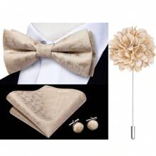 Men Silk Bow Tie Beige Plain Solid Paisley Floral Pre/Self Bow Tie Pocket Square Cufflinks Floral Pin Corsage Wedding Prom Gift Set - Multicolor - View 11