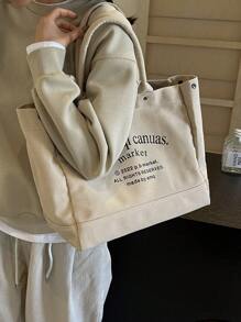 休閒簡約字母紋帆布女士手提包 - 米色 - 查看 3