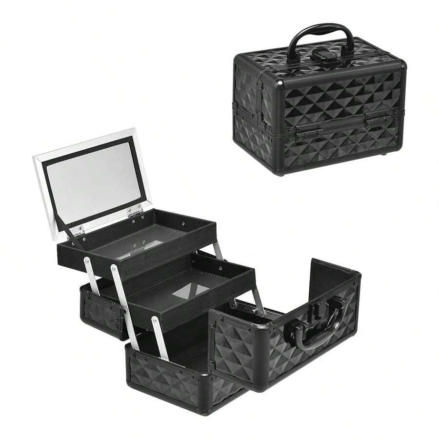 Cosmetic Case, Empty Makeup Case With Mirror And 2 Pull-Out Shelves, Portable Makeup Organizer With Carrying Handle And Closure - Black - View 1