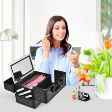Cosmetic Case, Empty Makeup Case With Mirror And 2 Pull-Out Shelves, Portable Makeup Organizer With Carrying Handle And Closure - Black - View 3