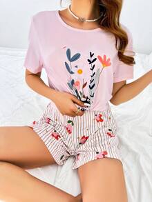 碎花可愛短袖上衣條紋短褲家居睡衣套裝可外穿 - 粉色 - 查看 5