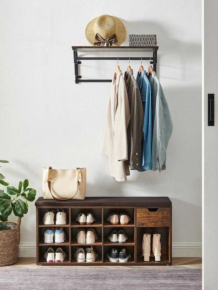 VASAGLE Banco Zapatero, Zapatero con Asiento y Cojín, Banco para Zapatos con Estante, Asiento Acolchado, para Entrada Pasillo Dormitorio, 30 x 104 x 48 cm, Marrón Rústico y Marrón - Marrón - Ver 1