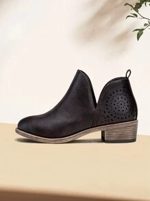 Comfyshoes Women's Fashion Ankle Boots, Perforated Western Booties, Low Heel Chunky Cutout Boots - 黑褐色 - 查看 1