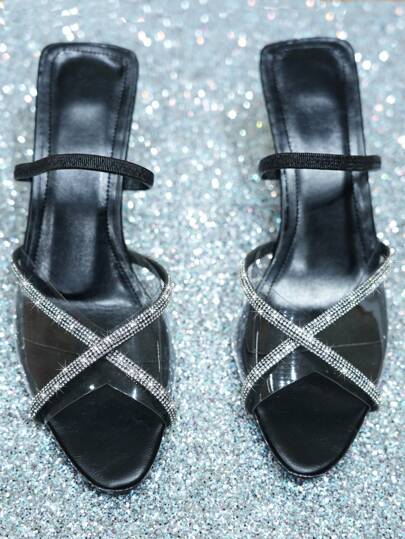 Fashionable Plus Size Women's High Heeled Sandals With Pointed Toe, Cross Strap, Rhinestone Embellishment And Open Toe Design