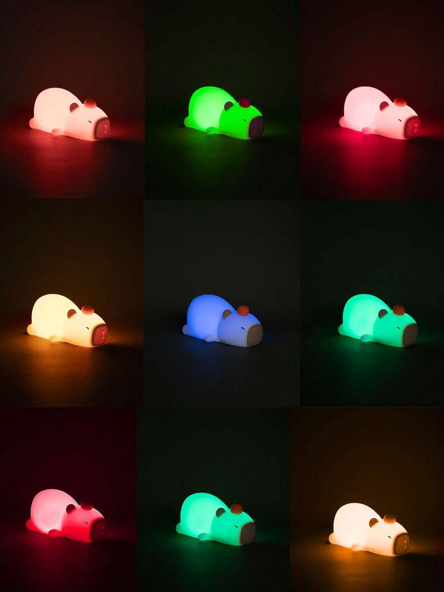 柔軟矽膠水豚夜燈,可愛觸摸夜燈,帶有暖色調光/7 種顏色變化功能,可充電睡眠夜燈,帶 60 分鐘/ 30 分鐘定時器 - 米色 - 查看 1