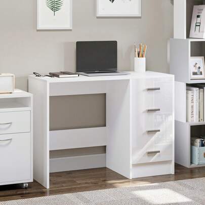 HOMCOM Computer Desk With Drawers, High Gloss Home Office Writing Workstation, White