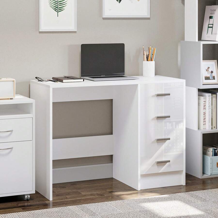 HOMCOM Computer Desk With Drawers, High Gloss Home Office Writing ...