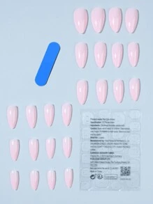 24入組長形杏仁形粉色假指甲套裝，經典法式彈跳式美甲凝膠指甲用品 - 淺粉色 - 查看 2