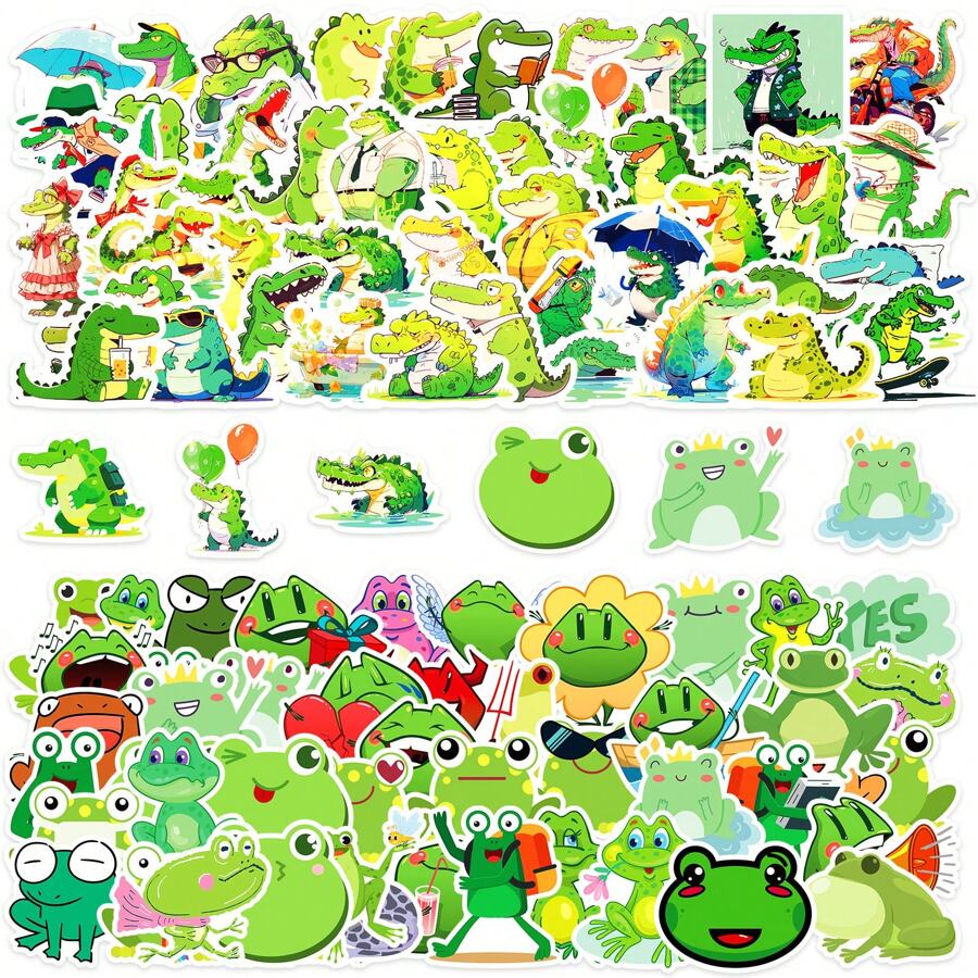 100pcs Frog & Crocodile Stickers Pack, Cartoon Green Animal Waterproof