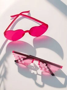 4 件装甜美可爱女孩粉色心形方形框架时尚马赛克眼镜 - 粉色 - 查看 2