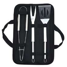 3pcs/Set Stainless Steel Barbecue Tool Set, Including Bbq Spatula, Bbq Fork And Bbq Tongs - Black - View 1