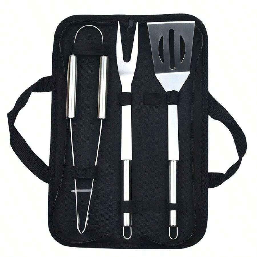 3pcs/Set Stainless Steel Barbecue Tool Set, Including Bbq Spatula, Bbq Fork And Bbq Tongs - Black - View 1
