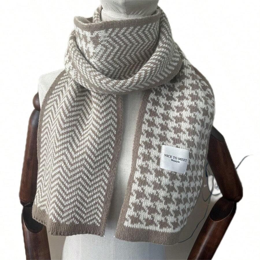 女士冬季格紋圍巾,韓式針織頸部保暖器,適用於學生和情侶