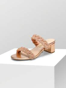 Women Summer Chunky Low Heeled Mule Sandals With Two Braided Strap, Minimalist Low Heels Open Toe Summer Sandals - 玫瑰金-萊茵石 - 查看 4