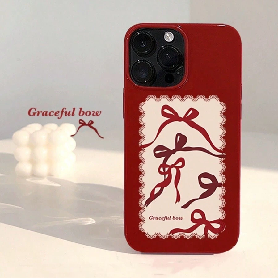 Wine Red Bowknot Phone Case/Compatible With Iphone 15 Pro Max/Iphone 13/11/12 Pro Max/Iphone 14 Pro Max/13 Pro Max