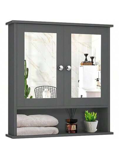 Bathroom Spiegel Cabinet Shelf, Wand Mirror, Hang Cabinet, Wood, 56 13 58 Cm (Grey)