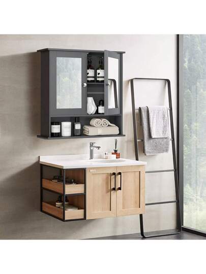 Bathroom Spiegel Cabinet Shelf, Wand Mirror, Hang Cabinet, Wood, 56 13 58 Cm (Grey) view 2