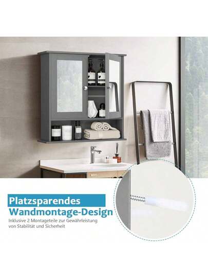 Bathroom Spiegel Cabinet Shelf, Wand Mirror, Hang Cabinet, Wood, 56 13 58 Cm (Grey) view 3
