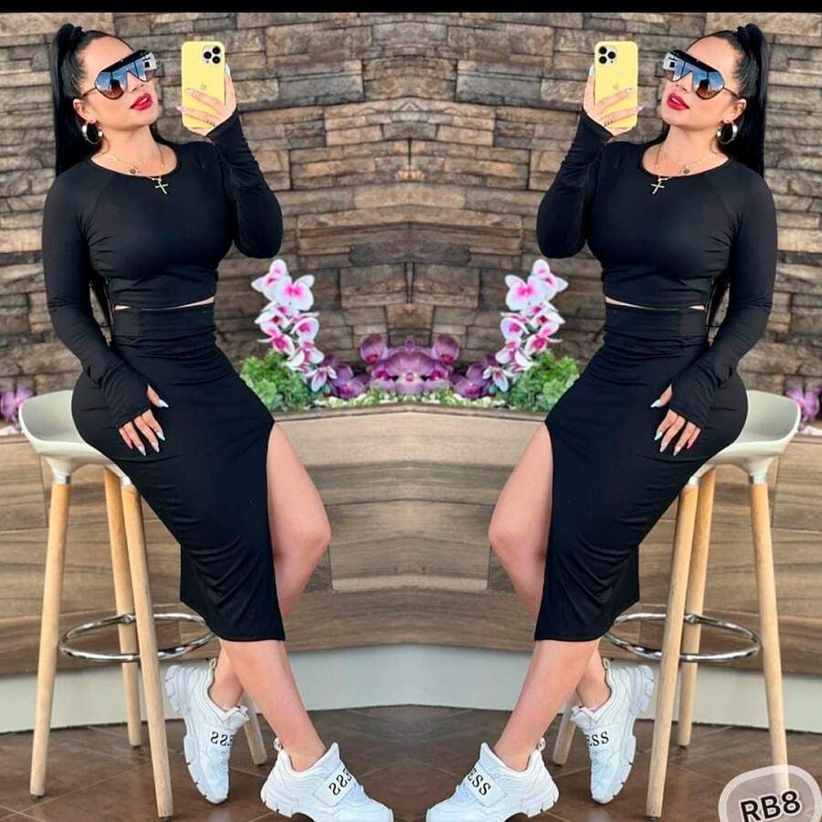 Conjunto femenino dos piezas top manga larga y falda midi - Negro - Ver 1