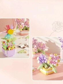 可爱风格拼装套装，包括薰衣草、郁金香和玫瑰，手工制作的仿真花盆栽和多肉植物拼图，适合女性，是节日和创意办公桌装饰房间装饰的理想礼物 - 乾枯玫瑰色 - 查看 3