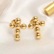 1對時尚的十字形/c形/o形不銹鋼珠耳環,幾何耳釘,適用於女孩、女人,生日禮物、派對配件 - 金黃色 - 查看 6