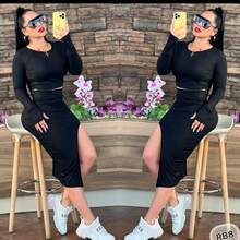 Conjunto femenino dos piezas top manga larga y falda midi - Negro - Ver 3