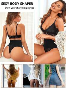 1 件女士塑身衣丁字裤高腰塑身衣丁字裤蕾丝塑身衣 - 黑色 - 查看 6