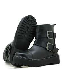 Coturno motociclista plataforma alta com fivelas e zíper Fattor Shop - Preto - Visão 1