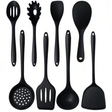硅胶厨具套装 - 8 件套烹饪用具套装，带铲子、勺子、长柄勺，适用于不粘锅，耐热硅胶烹饪用具套装，多功能烹饪用具套装厨房小工具 - 黑色 - 查看 1