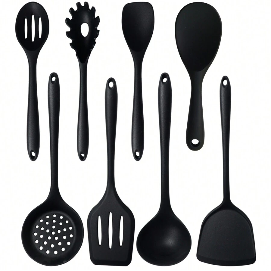 硅胶厨具套装 - 8 件套烹饪用具套装，带铲子、勺子、长柄勺，适用于不粘锅，耐热硅胶烹饪用具套装，多功能烹饪用具套装厨房小工具 - 黑色 - 查看 1
