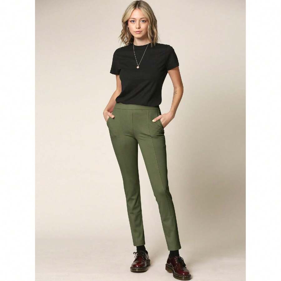 Women's Pull On Legging Ponte Tummy Control Skinny Pant With Pockets - Olive Green - View 1