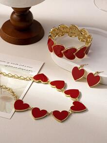 1pc Red Heart Necklace, Bracelet, Earrings Set For Women To Pair With Any Outfits, Suitable For High-End Events Or Individual Purchase - A Fashionable Lady Love Red Gold Necklace for Ladies - View 4