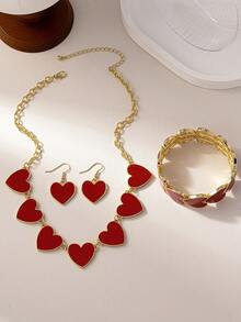 1pc Red Heart Necklace, Bracelet, Earrings Set For Women To Pair With Any Outfits, Suitable For High-End Events Or Individual Purchase - A Fashionable Lady Love Red Gold Necklace for Ladies - View 2