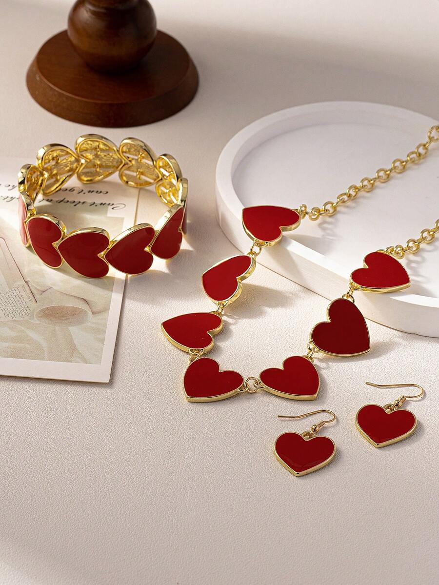 1pc Red Heart Necklace, Bracelet, Earrings Set For Women To Pair With Any Outfits, Suitable For High-End Events Or Individual Purchase - A Fashionable Lady Love Red Gold Necklace for Ladies - View 1