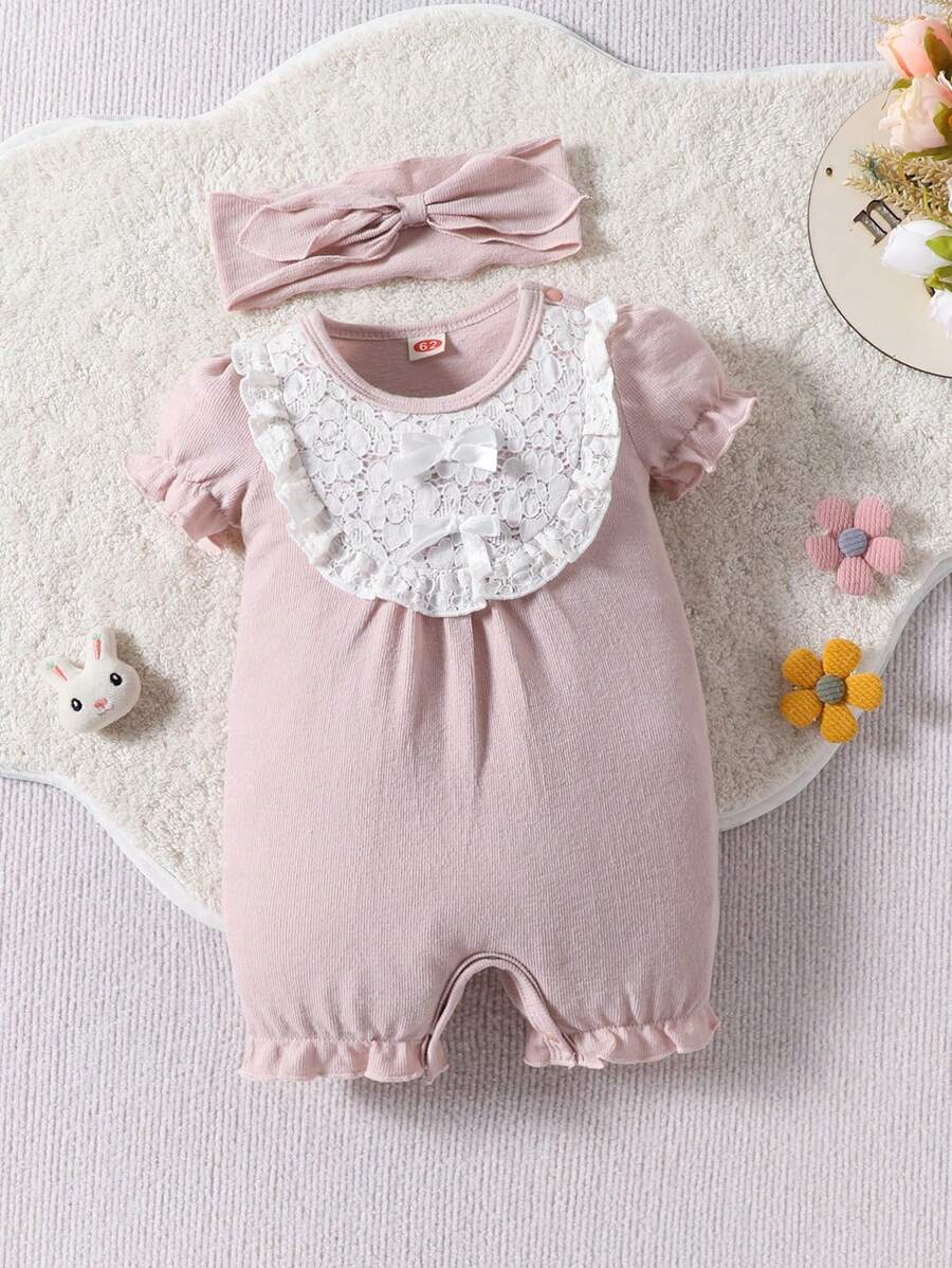 寶寶女孩圓領蕾絲短袖連髮箍連體衣套裝
