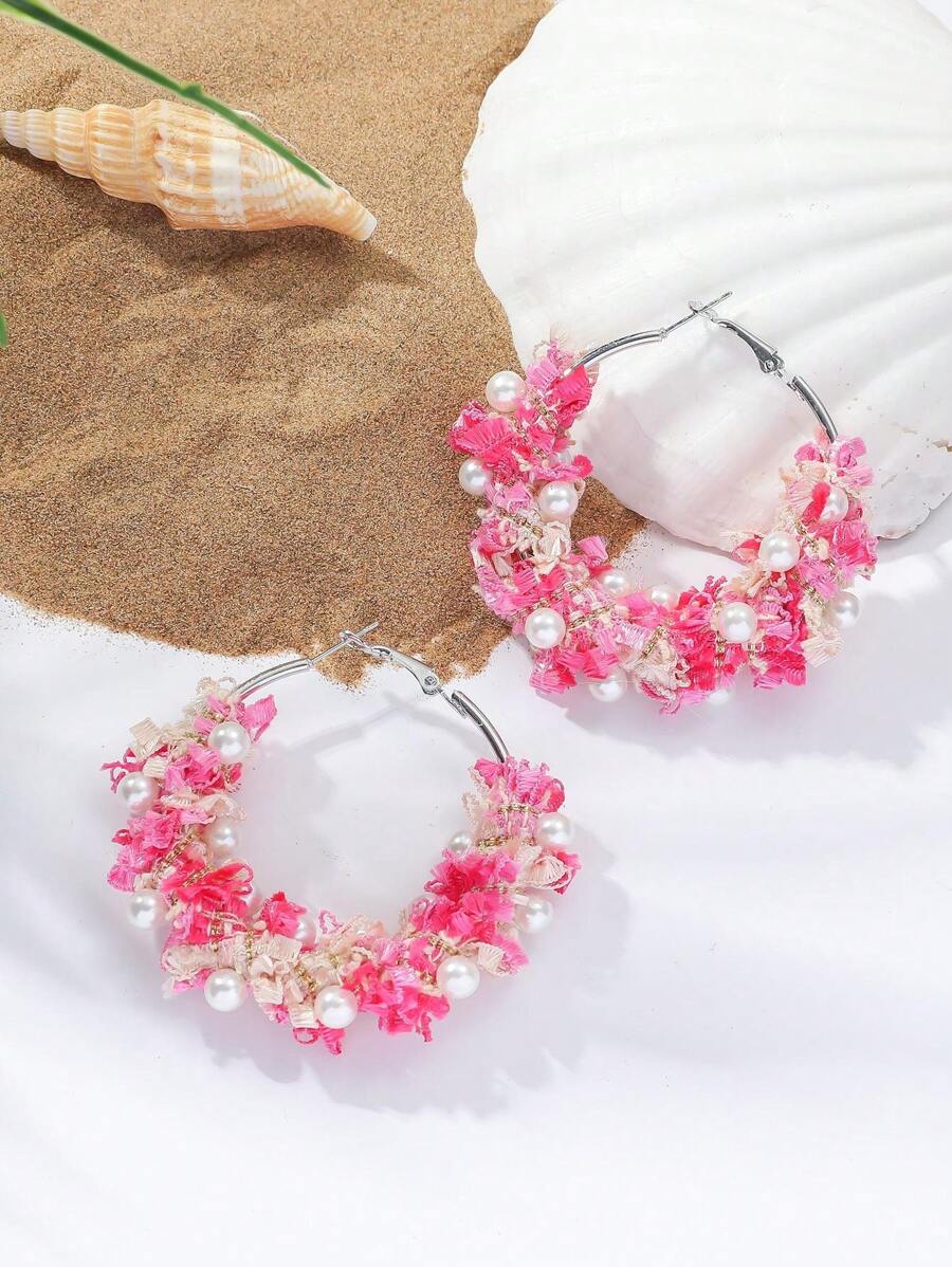 2pcs Bohemian Style Pink Lace Faux Pearl Hoop Earrings For Ladies, Perfect For Casual Beach Party And Photography - Star - View 1