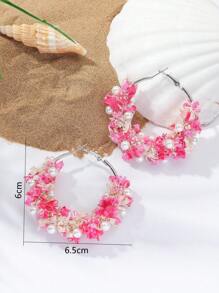 2pcs Bohemian Style Pink Lace Faux Pearl Hoop Earrings For Ladies, Perfect For Casual Beach Party And Photography - Star - View 3
