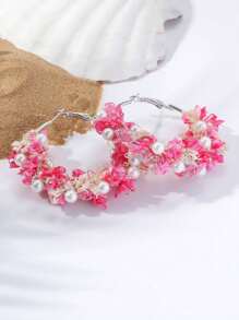 2pcs Bohemian Style Pink Lace Faux Pearl Hoop Earrings For Ladies, Perfect For Casual Beach Party And Photography - Star - View 2