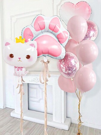 11pcs Lovely Crown & Angel Cat Shaped Balloon Set, Including Pink Paw, Ombre Heart, Multicolor Confetti Balloon, Perfect For Birthday Party, Angel Cat Theme Party Decorations
