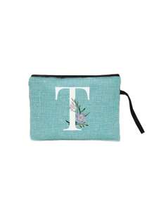 1pc 字母印花亚麻拉链袋化妆包老师感谢礼物旅行收纳袋：户外美容的完美选择！它是送给妈妈老师朋友伴娘和学生的礼物。适合日常使用生日假期海滩旅行通勤商务野餐露营超市和日常收纳礼物（随意方向握绳）女士钱包迷你钱包钱包钱包腕包钱包零钱包 - 藍色 - 查看 14