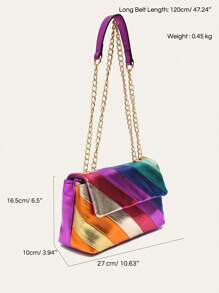 CEZIRA 1 pieza Bolso de hombro de mujer de PU con rayas metálicas y de color parchwork, con tapa con solapa, cadena metálica larga de cruz, bolso de Body transversal para adolescentes, chicas universitarias, oficina y salidas, elegante y colorido bolso de mujer de moda