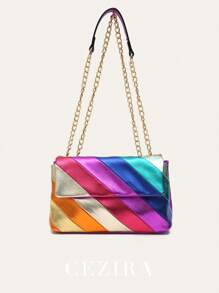 CEZIRA 1 pieza Bolso de hombro de mujer de PU con rayas metálicas y de color parchwork, con tapa con solapa, cadena metálica larga de cruz, bolso de Body transversal para adolescentes, chicas universitarias, oficina y salidas, elegante y colorido bolso de mujer de moda