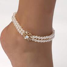 1 件时尚优雅双排仿珍珠方形水钻镶嵌男女通用脚链，适合日常佩戴 - 彩色 - 查看 13